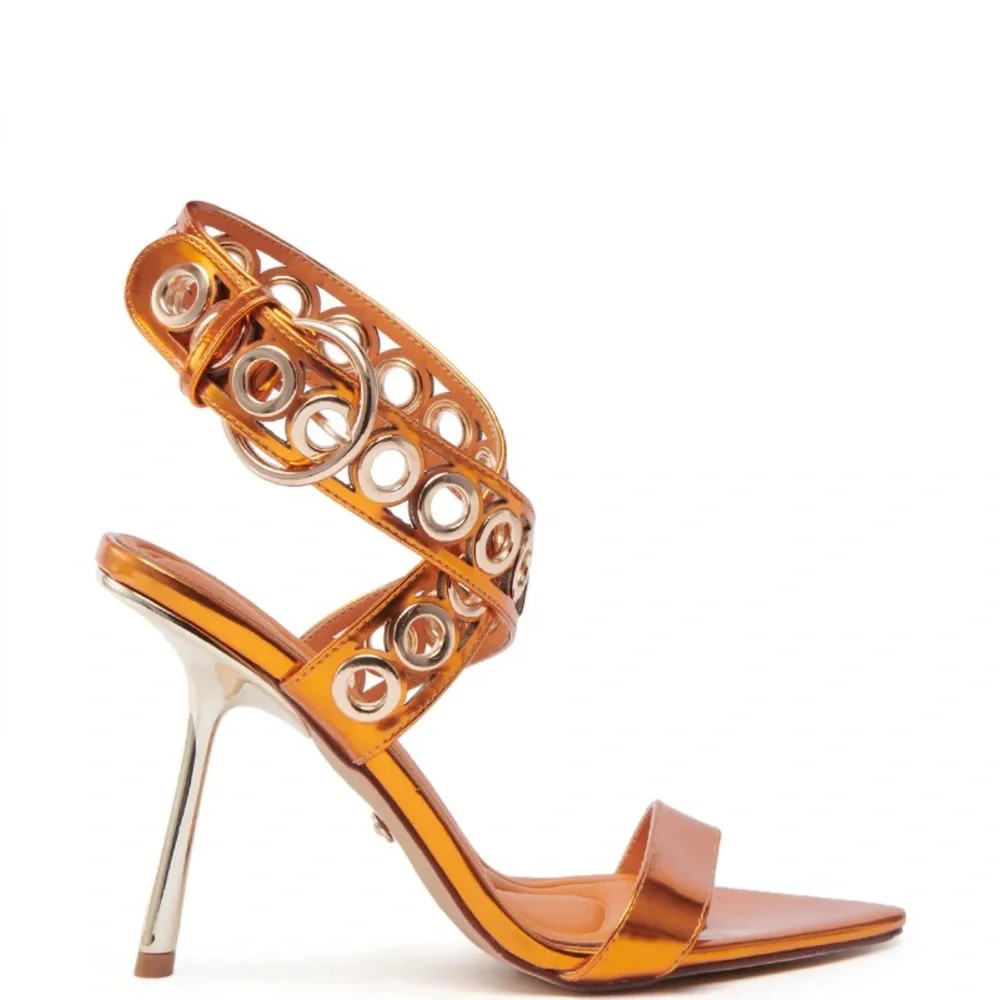 Orange & Metallic Gold Hardware Embellished Stiletto High Heel Sandals